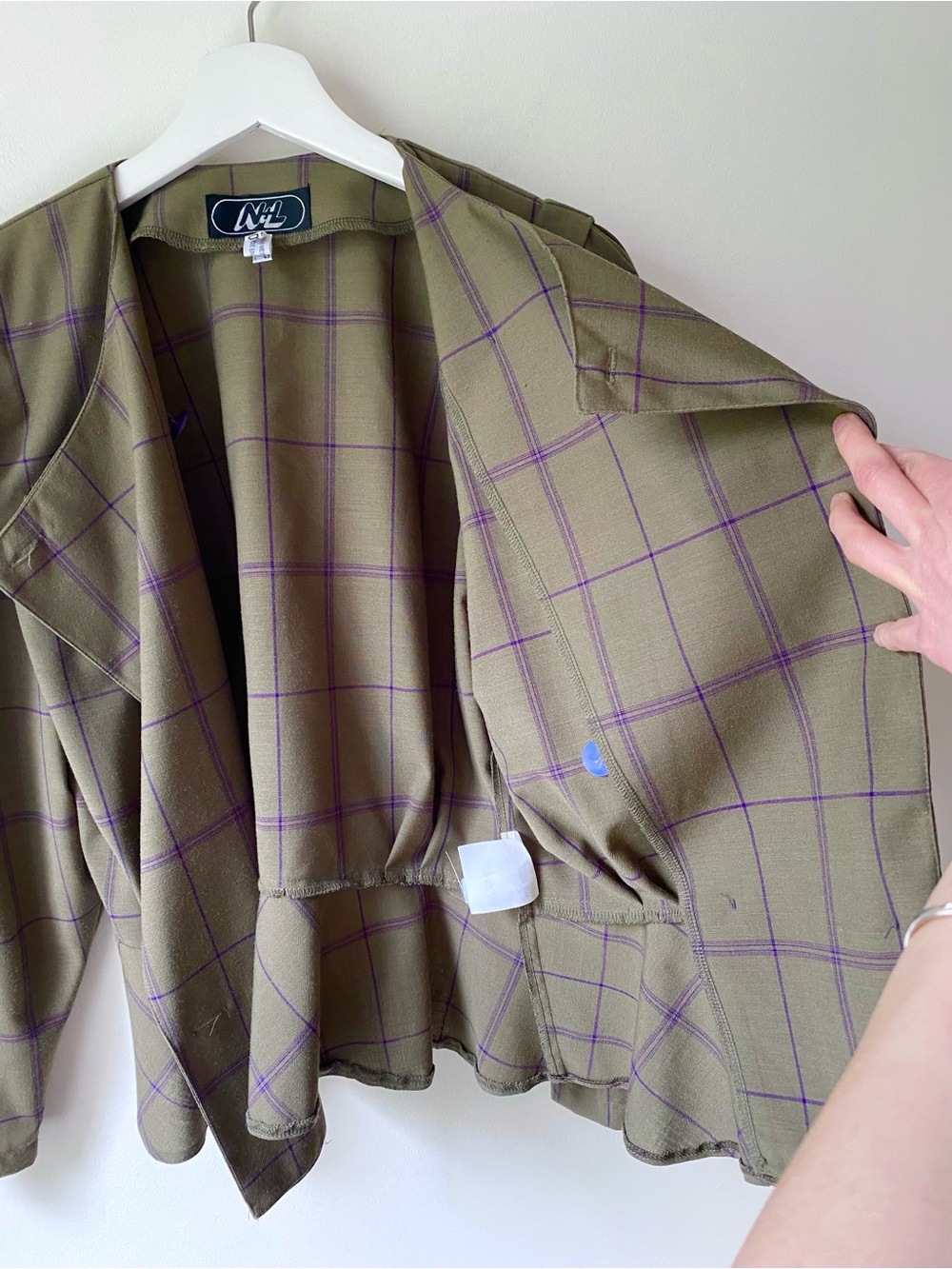 Wool blend Moss green with purple check peplum blazer - Picture 11 of 16